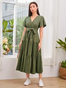 Breezaya Đầm Thắt lưng Viên lá sen Trọn gói màu trơn Boho - xanh quân đội - Xem 4