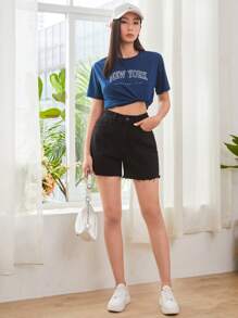 SHEIN EZwear 毛邊高腰牛仔短褲 - 黑色 - 查看 3