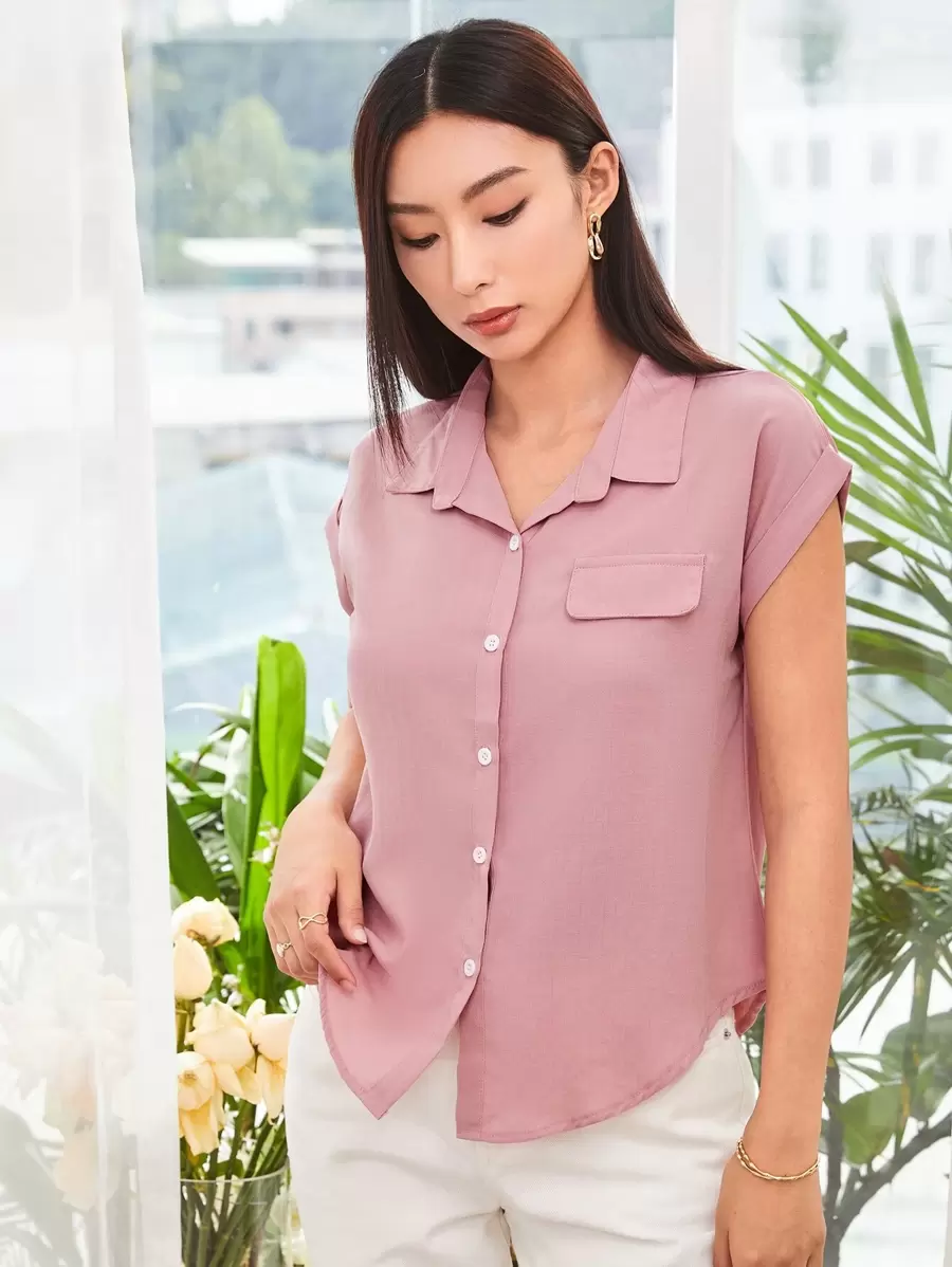 SHEIN LUNE Roll Sleeve Button Front Shirt - Dusty Pink - View 1