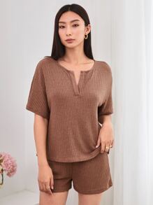 SHEIN LUNE 西裝領華夫格針織上衣和運動短褲套裝 - 摩卡棕 - 查看 3