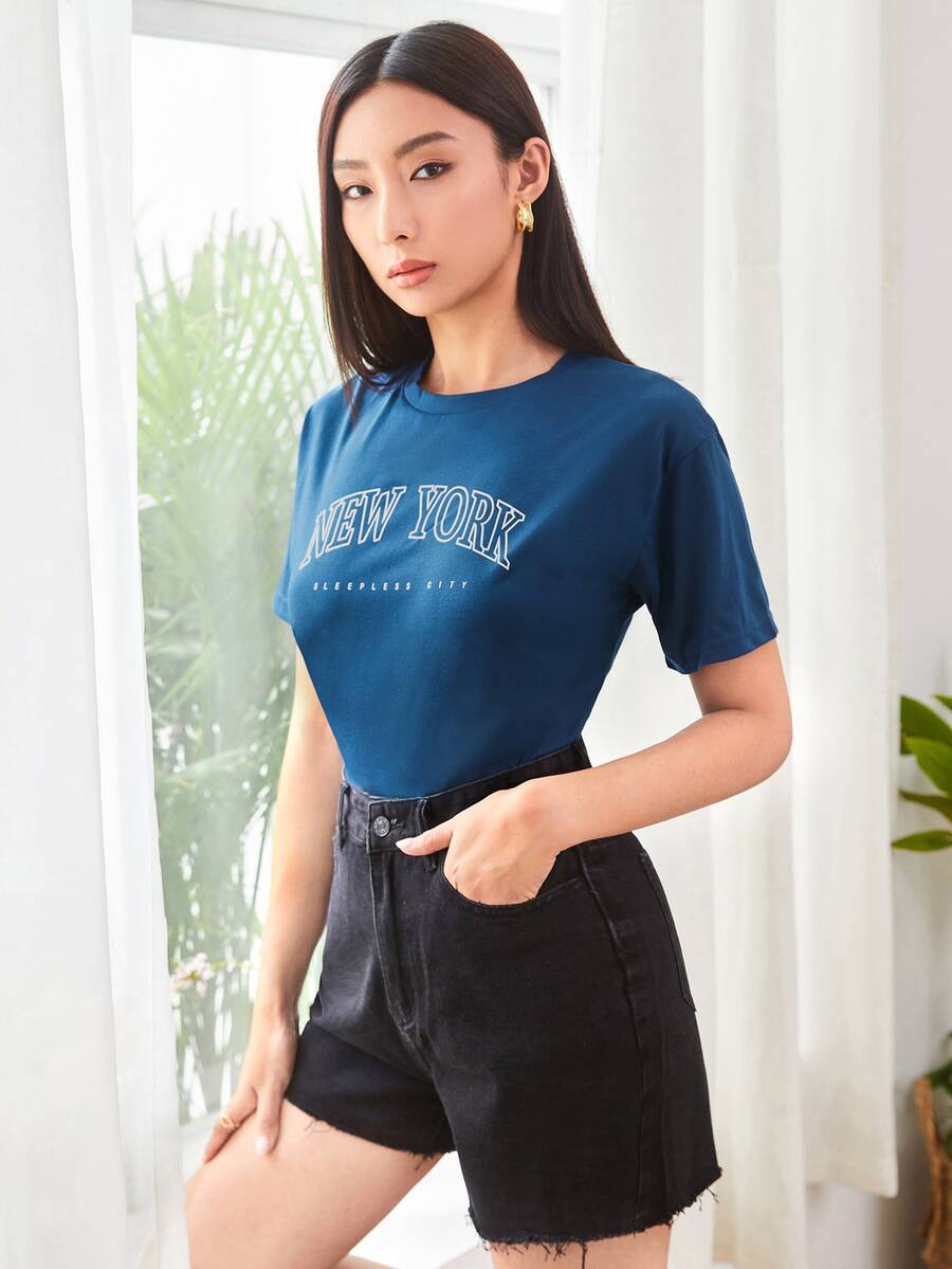 SHEIN EZwear Áo thun nữ Lá thư Giải trí - Màu xanh hải quân - Xem 1