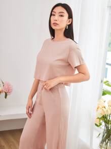 Mulvari Drop Shoulder Rib-knit Top & Capris Pants Set - Baby Pink - View 3