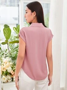 SHEIN LUNE Roll Sleeve Button Front Shirt - Dusty Pink - View 2