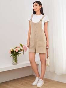 SHEIN LUNE Áo liền quần Nút Túi màu trơn Giải trí - Màu Khaki - Xem 3