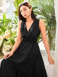 SHEIN VCAY Shirred Tie Back Ruffle Hem Dress - Black - View 5