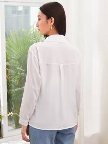 EMERY ROSE Casual & Commuting Loose Solid Color Long Sleeve Shirt,Long Sleeve Tops Fall Cloth For Women - White - View 2