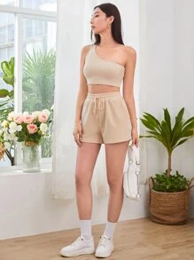 SHEIN EZwear Solid One Shoulder Top & Drawstring Shorts Set - Beige - View 4