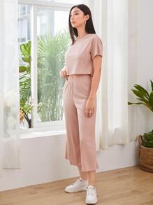 Mulvari Drop Shoulder Rib-knit Top & Capris Pants Set - Baby Pink - View 5