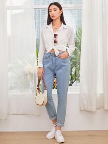 EMERY ROSE Casual & Commuting Loose Solid Color Long Sleeve Shirt,Long Sleeve Tops Fall Cloth For Women - White - View 3