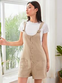 SHEIN LUNE Áo liền quần Nút Túi màu trơn Giải trí - Màu Khaki - Xem 5