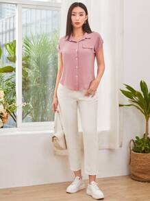 SHEIN LUNE Roll Sleeve Button Front Shirt - Dusty Pink - View 4