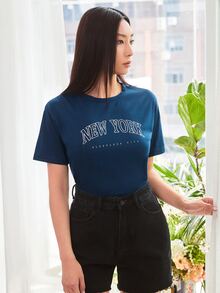 SHEIN EZwear Áo thun nữ Lá thư Giải trí - Màu xanh hải quân - Xem 5