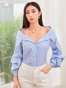 SHEIN Unity Off-the-Shoulder Striped Buttoned Shirt - Baby Blue - View 3