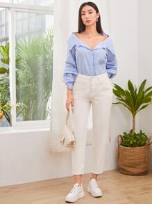 SHEIN Unity Off-the-Shoulder Striped Buttoned Shirt - Baby Blue - View 4