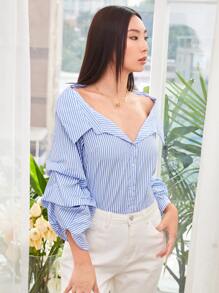 SHEIN Unity Off-the-Shoulder Striped Buttoned Shirt - Baby Blue - View 5