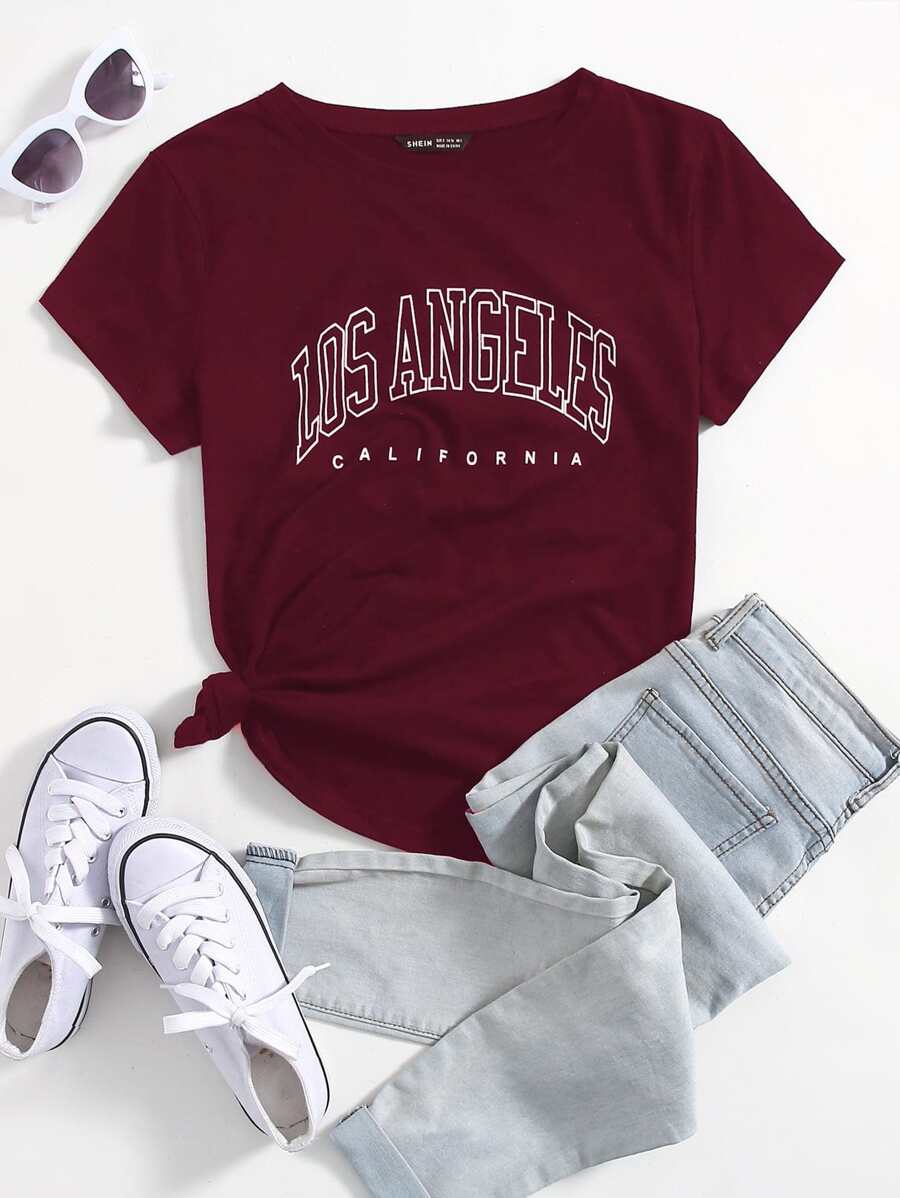 SHEIN Unity 字母圖案小圓領T恤 - 紅色 - 查看 1