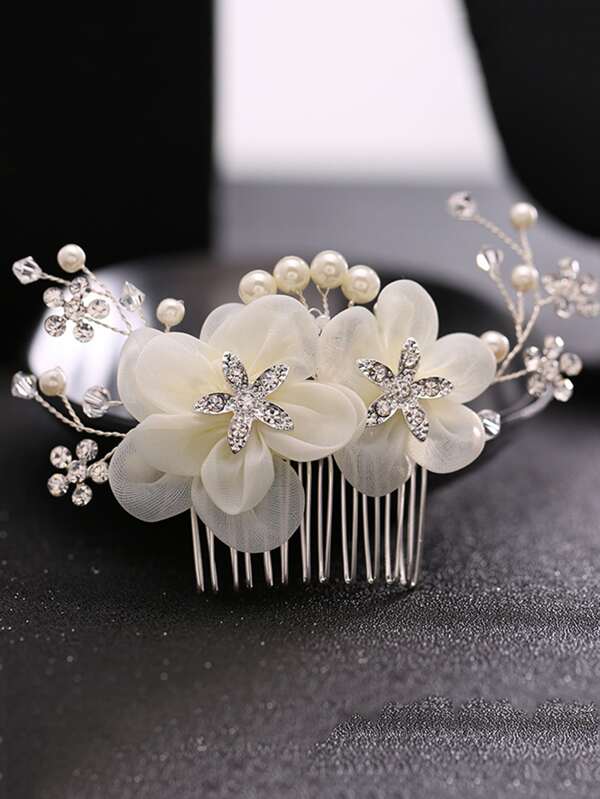 Pino de Cabelo de Casamento Elegante com Pérola Falsa e Decoração de Flor, Tiaras
