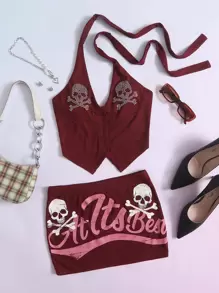 ROMWE PUNK Skull Rhinestones Tie Backless Halter Top & Skirt - Rose Red - View 1