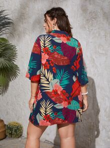 Plus Floral & Tropical Print Kimono With Shorts - Navy Blue - View 2