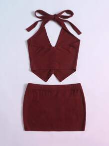 ROMWE PUNK Skull Rhinestones Tie Backless Halter Top & Skirt - Rose Red - View 2