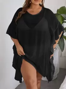 SHEIN Swim Curve Summer Beach Plus Ruffle Trim Batwing Sleeve Cover Up Dress Without Bikini - Black - View 1