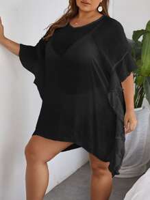 SHEIN Swim Curve Summer Beach Plus Ruffle Trim Batwing Sleeve Cover Up Dress Without Bikini - Black - View 3
