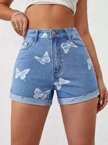 Shorts en mezclilla con estampado de mariposa bajo de doblez - Azul lavado medio - Ver 1