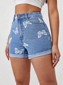 Shorts en mezclilla con estampado de mariposa bajo de doblez - Azul lavado medio - Ver 4