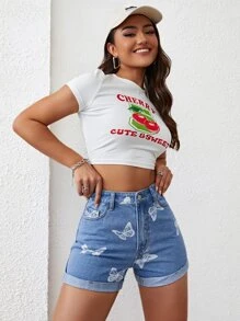 Shorts en mezclilla con estampado de mariposa bajo de doblez - Azul lavado medio - Ver 6