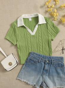 SHEIN Teen Girl Casual Lapel Tight Knitted T-Shirt Suitable For Summer - Lime Green - View 1