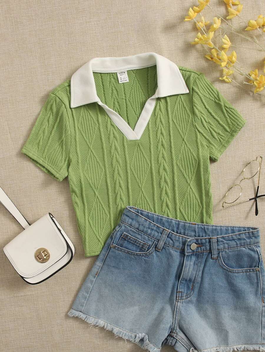 SHEIN Teen Girl Casual Lapel Tight Knitted T-Shirt Suitable For Summer - Lime Green - View 1