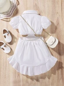 Baby Button Front Cut Out Puff Sleeve High Low Ruffle Hem Dress - White - View 2
