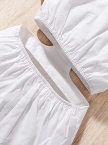 Baby Button Front Cut Out Puff Sleeve High Low Ruffle Hem Dress - White - View 6