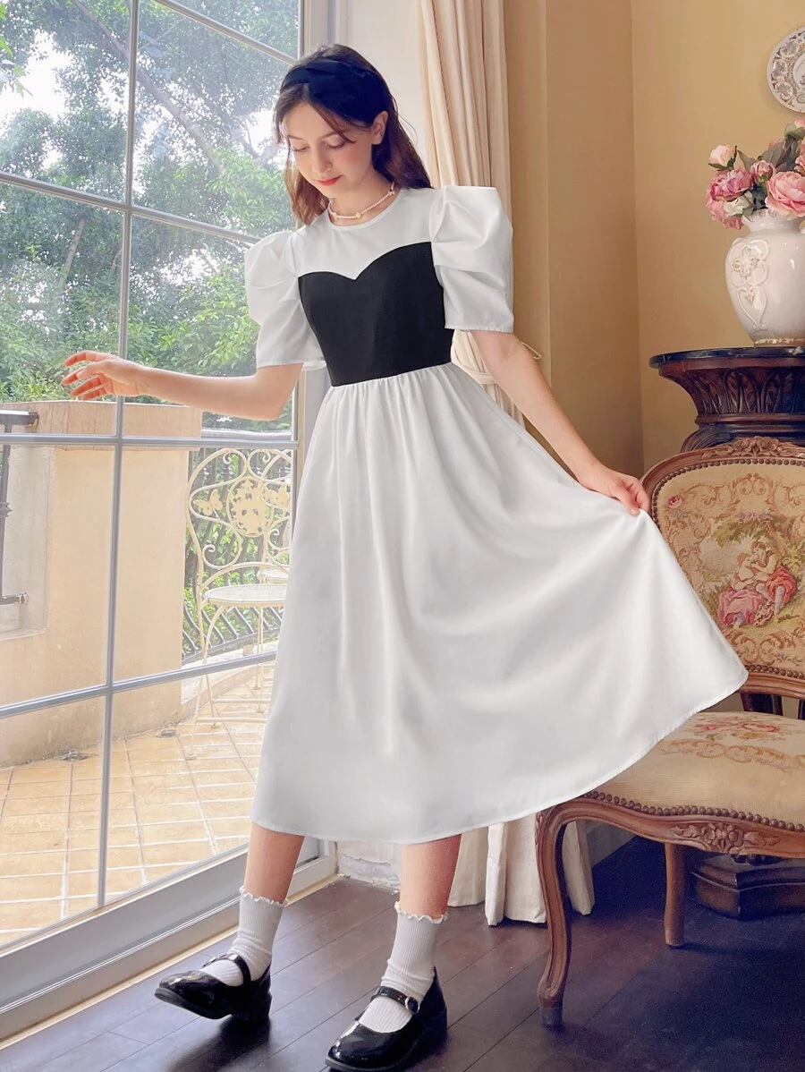 SHEIN Teen Girls Colourblock Puff Sleeve Dress - Black and White - View 1