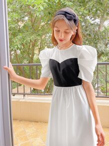 SHEIN Teen Girls Colourblock Puff Sleeve Dress - Black and White - View 3