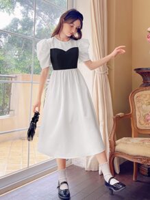 SHEIN Teen Girls Colourblock Puff Sleeve Dress - Black and White - View 4