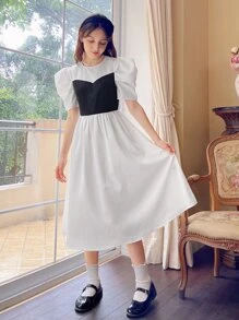 SHEIN Teen Girls Colourblock Puff Sleeve Dress - Black and White - View 5