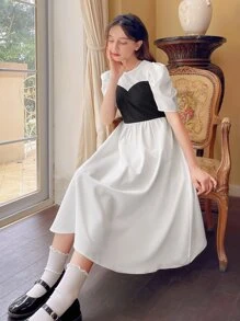 SHEIN Teen Girls Colourblock Puff Sleeve Dress - Black and White - View 6