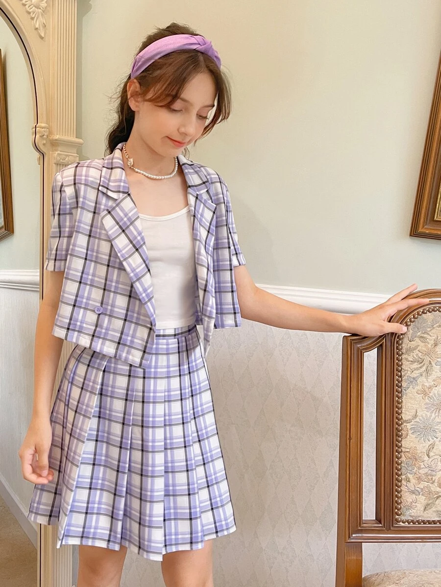 SHEIN 青少年女孩格紋西裝領襯衫和百褶半身裙不附吊帶上衣