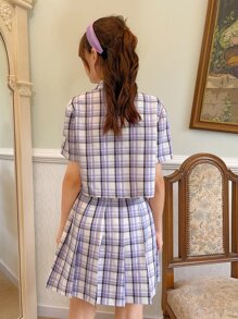 SHEIN 青少年女孩格紋西裝領襯衫和百褶半身裙不附吊帶上衣