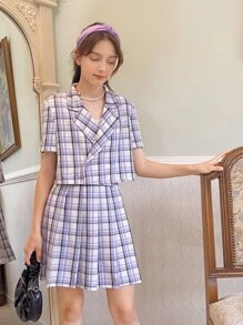 SHEIN 青少年女孩格紋西裝領襯衫和百褶半身裙不附吊帶上衣