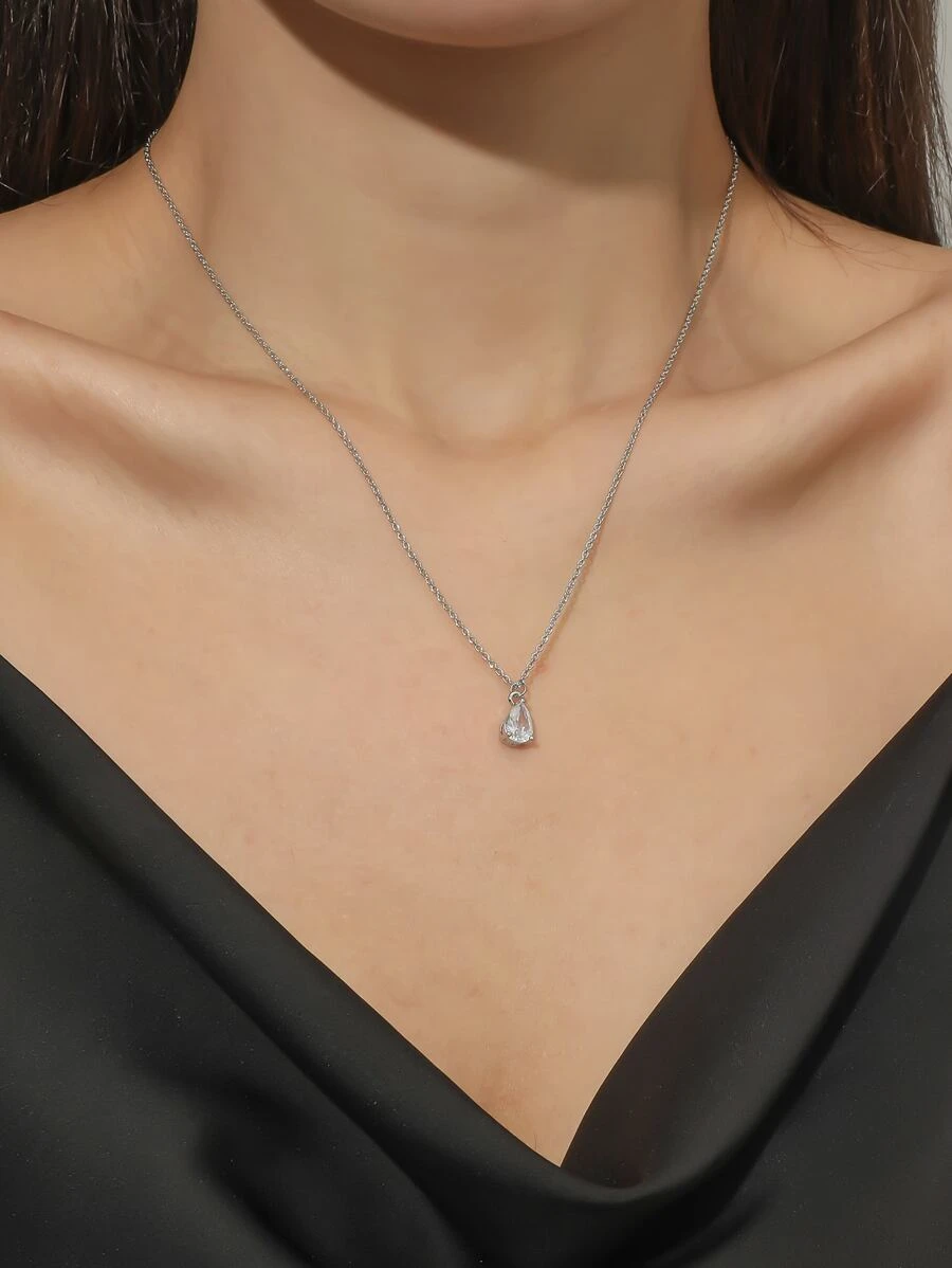 Cubic Zirconia Water-drop Charm Necklace - Silver - View 1