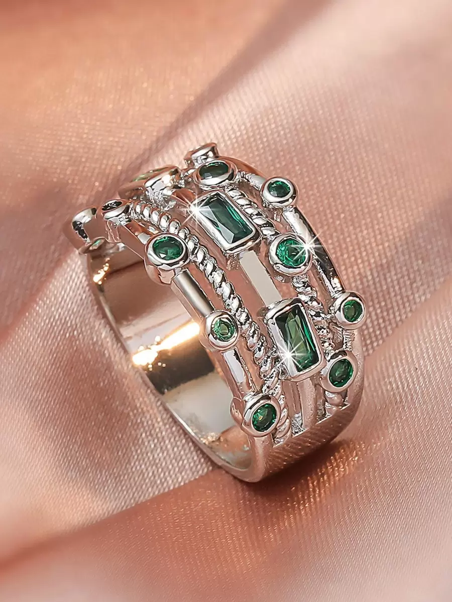 方晶鋯石裝飾戒指 - 銀色 - 查看 1