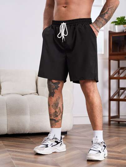 Manfinity Homme Men Plus Slant Pocket Drawstring Waist Shorts Plain Knee Shorts Vacation Basic Plain Black Shorts, For Husband, Boyfriend Gifts