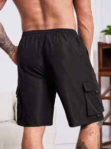 Manfinity LEGND Hombres Talla plus pantalones cortos de cintura con cordón y bolsillo con solapa, cargo de talla grande de nylon negro liso - Negro - Ver 2