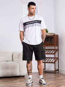 Manfinity LEGND Hombres Talla plus pantalones cortos de cintura con cordón y bolsillo con solapa, cargo de talla grande de nylon negro liso - Negro - Ver 5