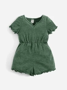 SHEIN Baby Girl Lettuce Trim Notched Neck Romper - Green - View 1