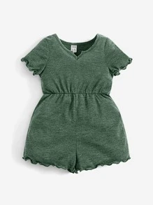 SHEIN Baby Girl Lettuce Trim Notched Neck Romper - Green - View 5