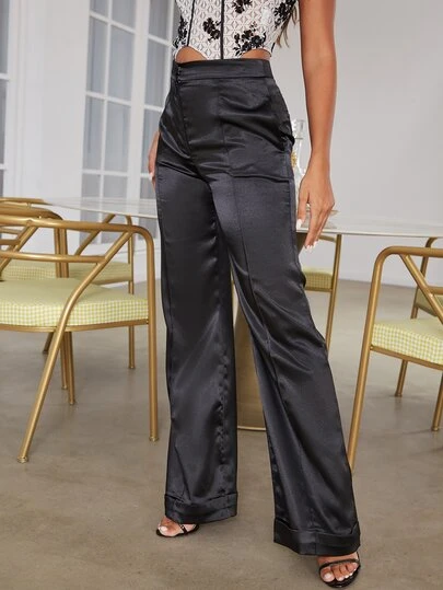 D&M Satin Elegant Pockets Flare Pants, Suitable For Pairing With High Heels Or Tall Women, For Daily And Party Occasions Black Spring