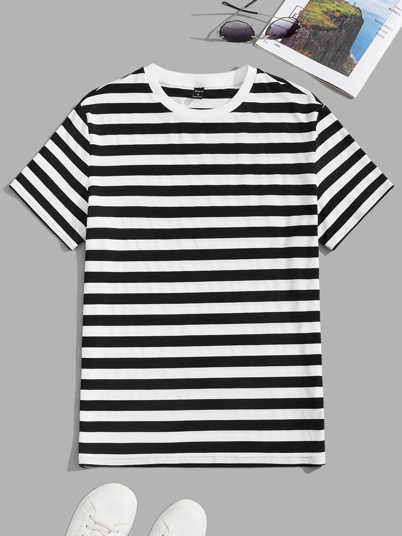 Manfinity VCAY Áo thun nam vừa vặn cổ tròn trễ vai tay ngắn thường ngày mùa hè Polyester - Đen và trắng - Xem 1